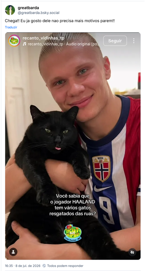 Post de greatbarda (‪@greatbarda.bsky.social‬): Chega!! Eu ja gosto dele nao precisa mais motivos parem!! (imagem de rede social do Halland sorridente e abraçado com um gatinho preto e o texto: Você sabia que o jogador HAALAND tem vários gatos resgatados das ruas?)