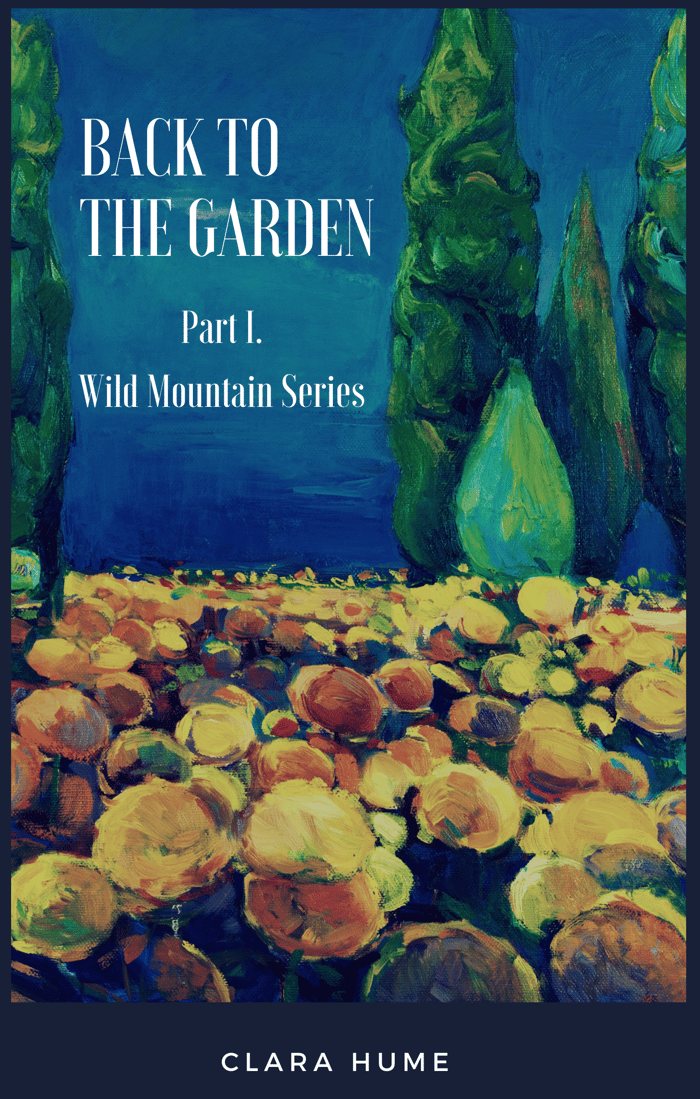 Book cover of a painting with flowers and trees with a backdrop of blue sky. The book is titled Back to the Garden.