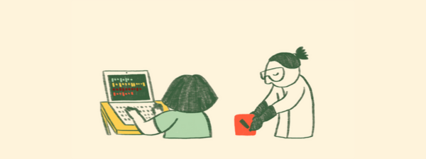 An line drawing illustration with someone typing on a laptop. To the right of them is someone in a lab coat and goggles handling a red box which has a big ! on it