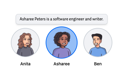 Screenshot of a portion of the header image on Buttondown's About page. We see three cartoon caricatures of Buttondown staff members. We see the hover state for a staff member called Asharee. Some text has popped up, which reads, "Asharee Peters is a software engineer and writer."