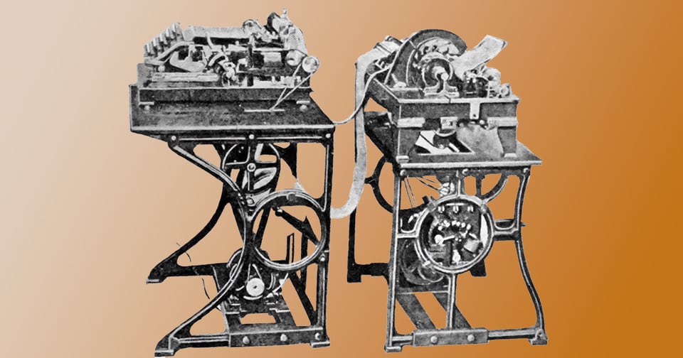 The two components of the Planograph: mechanical devices side by side, with a keyboard entry unit at left, a roll of paper tape and some kind of motor underneath, and then the paper tape being fed into a unit at the right which has the hidden composition, justification, and output sections.