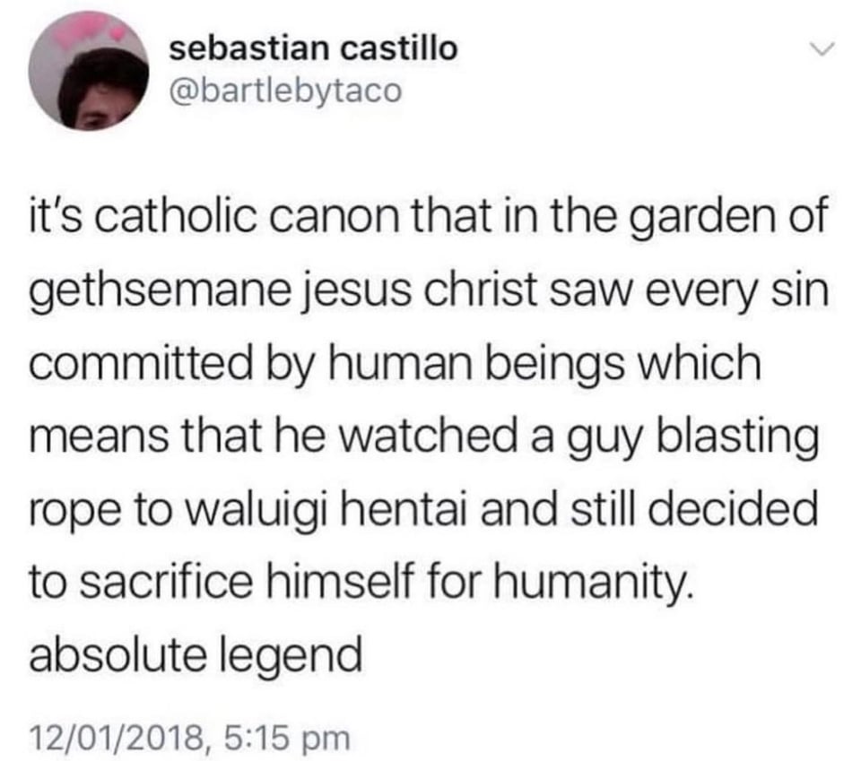 it's catholic canon that in the garden of gethsemane jesus christ saw every sin committed by human beings which means that he watched a guy blasting rope to waluigi hentai and still decided to sacrifice himself for humanity. absolute legent