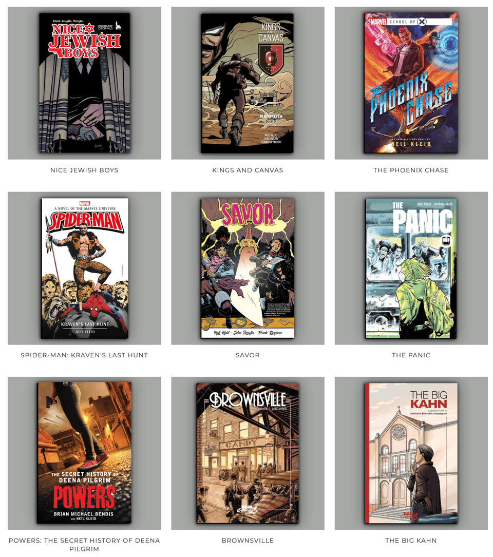an image from neilkleidbooks.com showing all of the available books and graphic novels up there