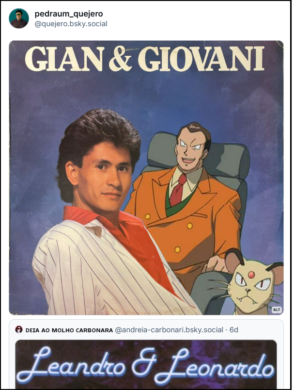 Post de pedraum_quejero (@quejero.bsky.social) com uma imagem de capa de disco com o cantor Gian e o personagem de Pokemon Giovani