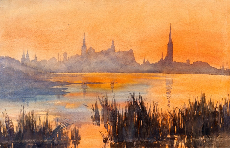 Painting of the city Tallinn and a river during a sunset.