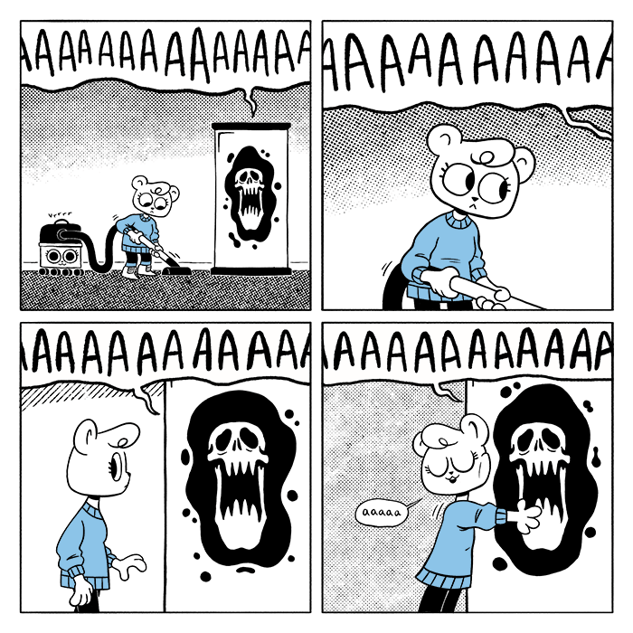 p1: Jeanie is vacuuming the hallway next to the screaming skull, which is screaming. The shop-vac has an image of a face on it which looks oddly similar to hers. p2: Still vacuuming, Jeanie glances up at the skull. p3: Jeanie walks towards the skull, looking around as she reaches out to it. p4: She wraps her arms around the skull’s glass container in a big hug, squishing her face up against it. Jeanie, quietly: aaaaa