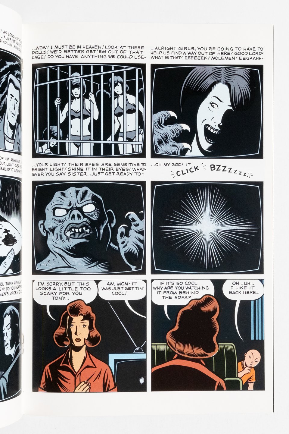 A page from Curse of the Molemen by Charles Burns. Six panel grid. Top four panels are black and white cathode TV screens that show clips from a monster movie. The bottom too panels are Big Baby's mom turning off the TV because it's too scary for her child