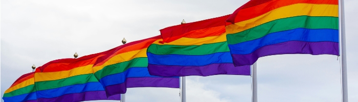 A row of five rainbow flags