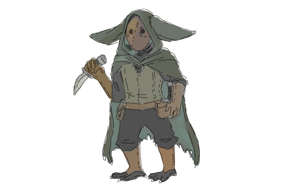 sketch of a goblin-sized roguish character in a tattered cloak and mask, holding a knife. No skin is visible, the character is covered head to toe in fabric and leather armor, including big ear pockets in the hood of the cloak.