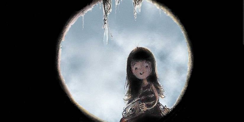 A cartoon image of a little girl holding a camera peering into a dark hole. The girl has light skin and dark hair and is wearing a dress with brown and white stripes.