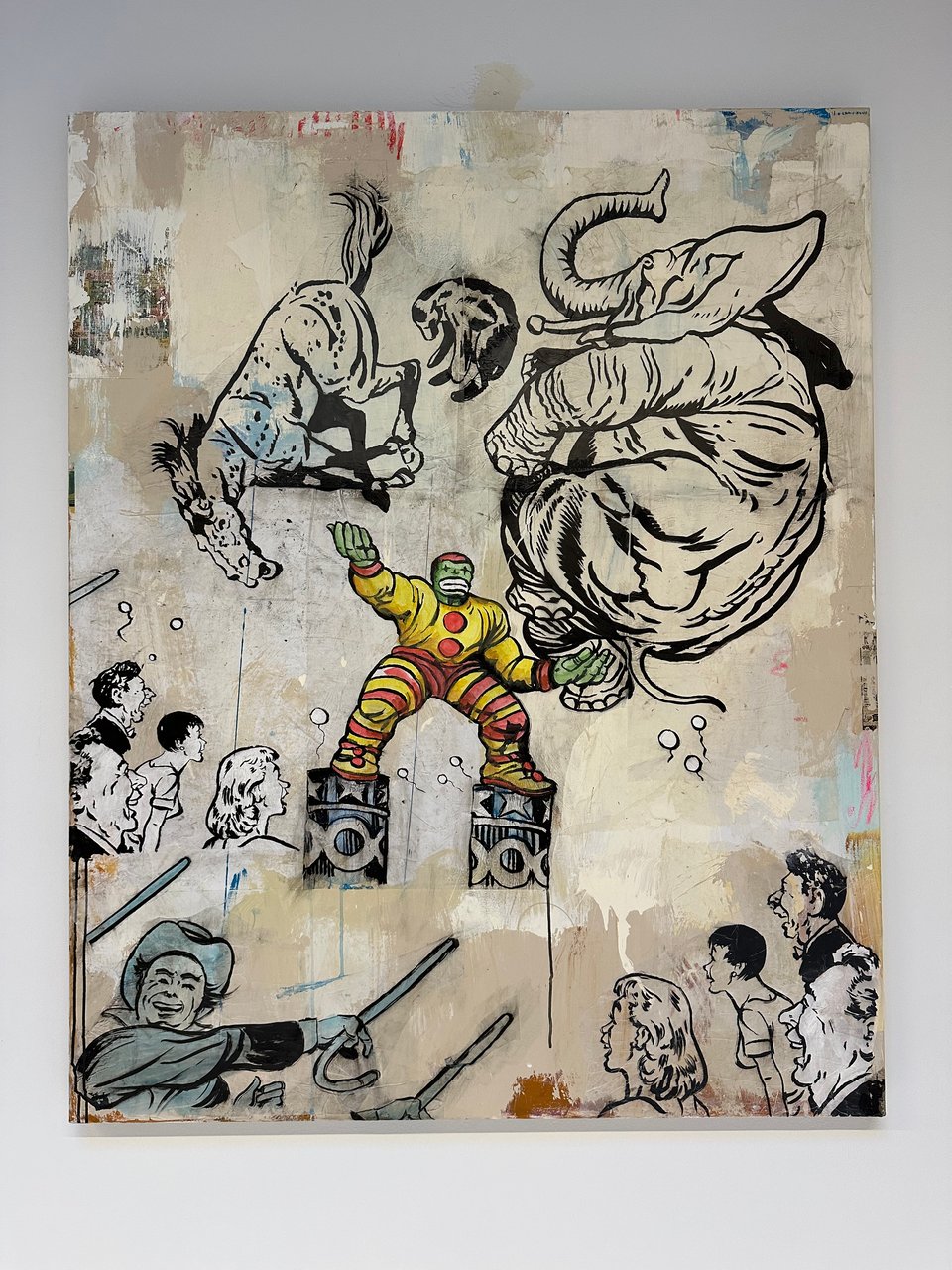 painting/pastiche of a Jack Kirby drawing by Patrick McDonnell, showing the Hulk in clown attire and makeup, juggling circus animals
