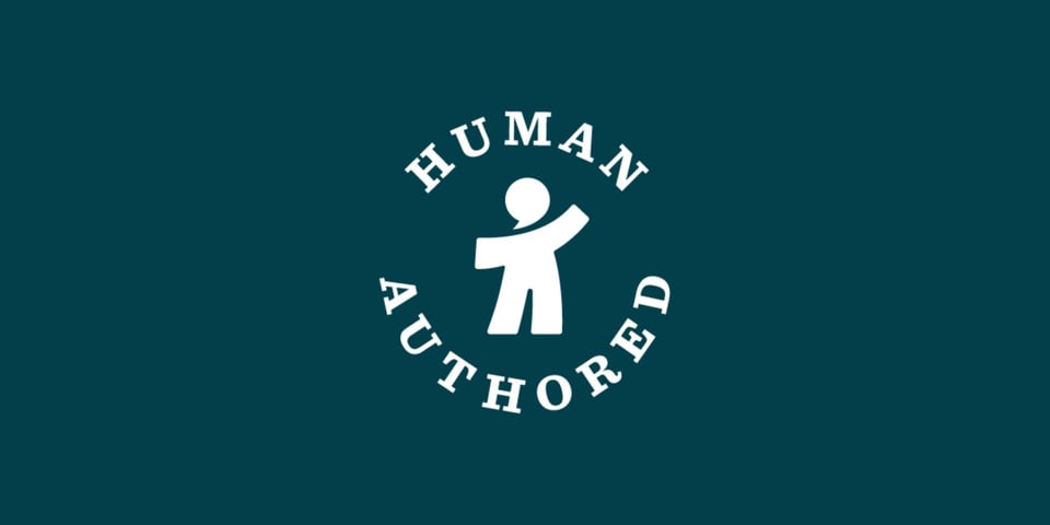 Logo for the Human Authored scheme - white text on a green background with a small waving human in the middle