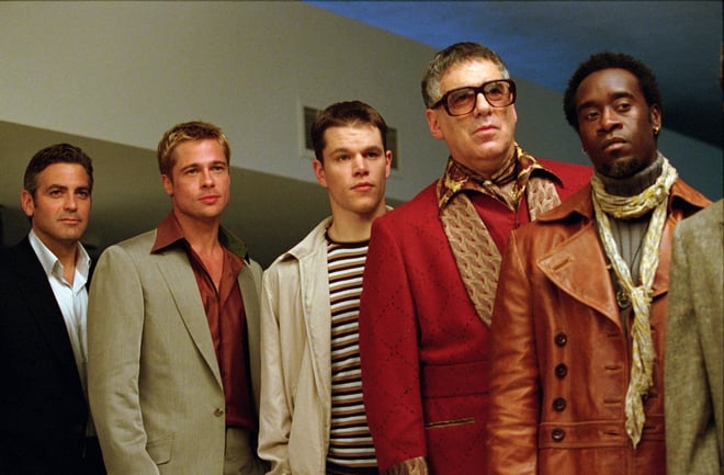 Frame from Ocean's Eleven: Five of the eleven characters from the movie