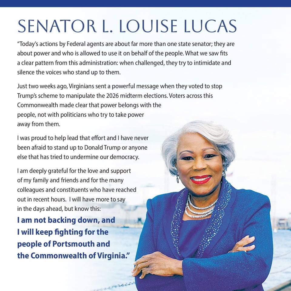 Trump’s FBI hoodlums don’t only seek out journalists to harass. They went after Virginia State Senator Louise Lucas who led a successful Democratic congressional redistricting effort