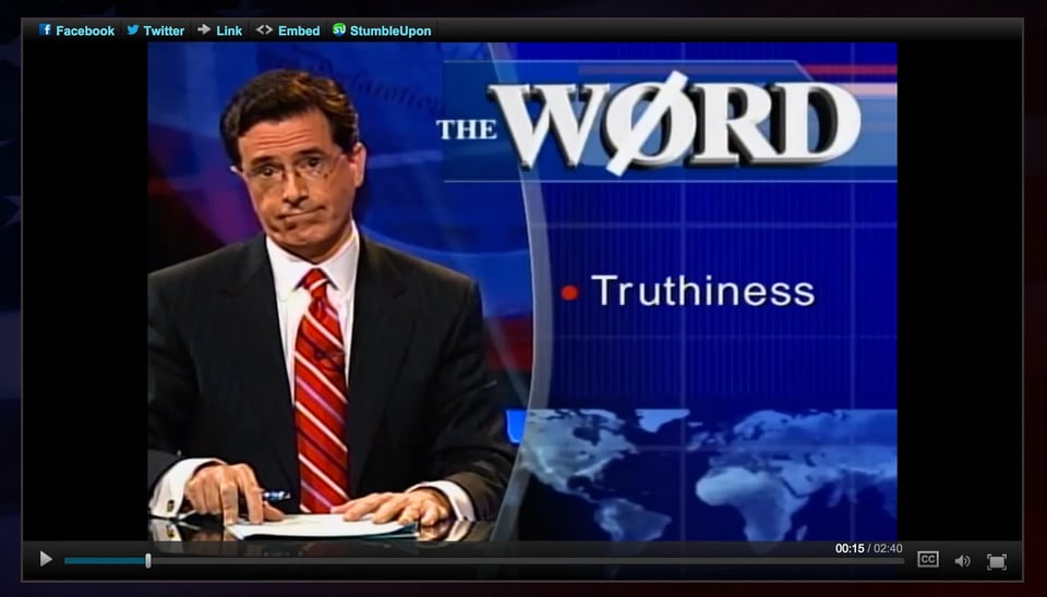 A screenshot of Stephen Colbert presenting The Word segment on "Truthiness" from the series premiere