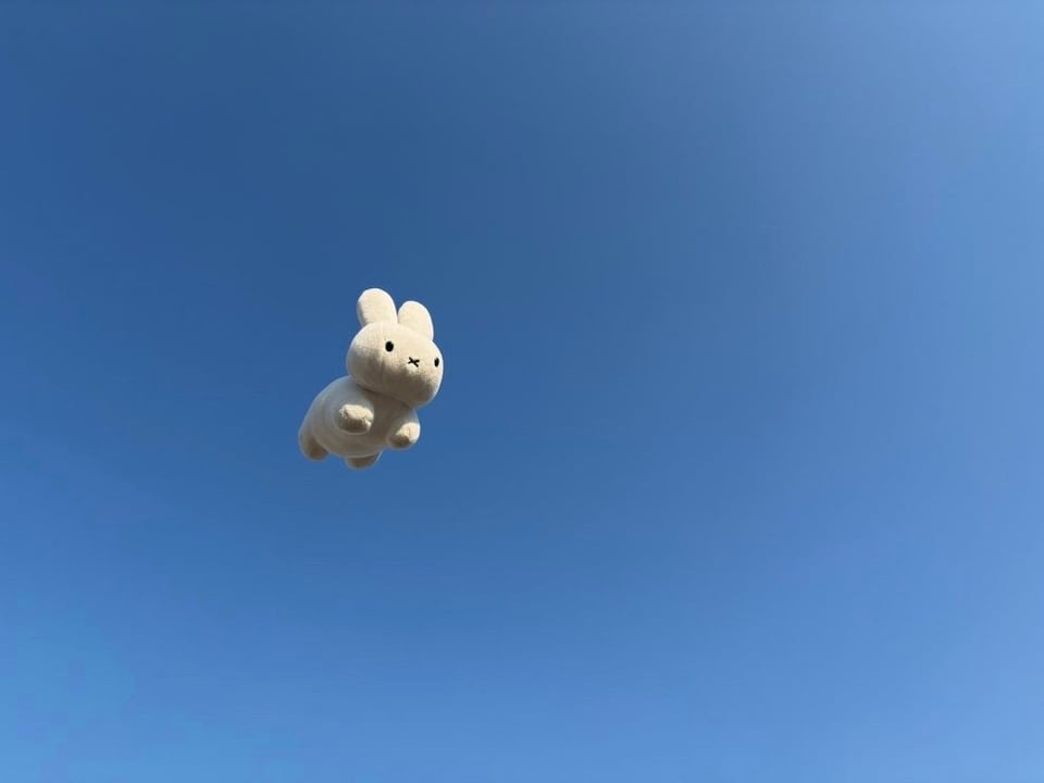 A Miffy-like white bunny floating in a clear blue sky