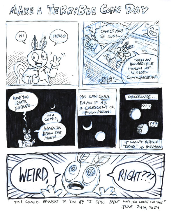A terrible comic outlining how you cannot draw the moon as anything other than a crescent or full moon, otherwise it will not instantly "read" as the moon.