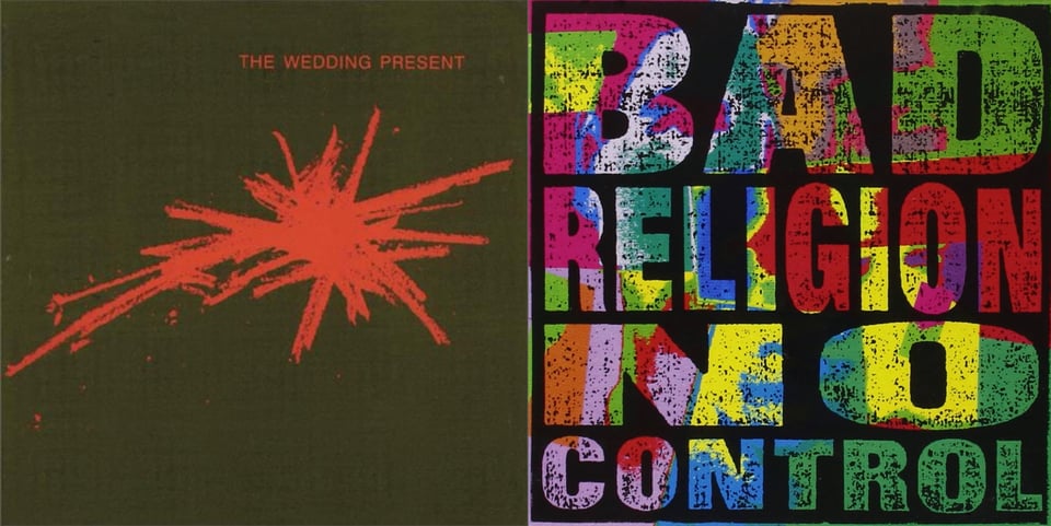 First pic: A dark brown-green background. In red, done with a pencil or crayon, is a kind of explosion shape, made out of a series of scribbles. Second pic: On a black background, in large letters, the cover reads "Bad Religion No Control." Within the letters can be seen another picture, full of different colors: red, yellow, green, dark pink, light pink, blue, orange. It's possible this picture is of a painted canvas, or possibly graffiti.