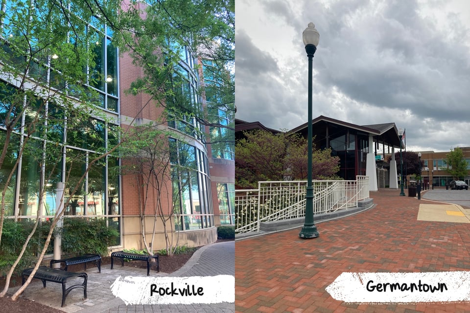 Photo of two public libraries side by side. The left one is from Rockville and shows a tall building with lots of windows and greenery on a sunny day. The right one is from Germantown and shows a curved brick path leading to the ground floor of a building with an angular roof on a cloudy day.