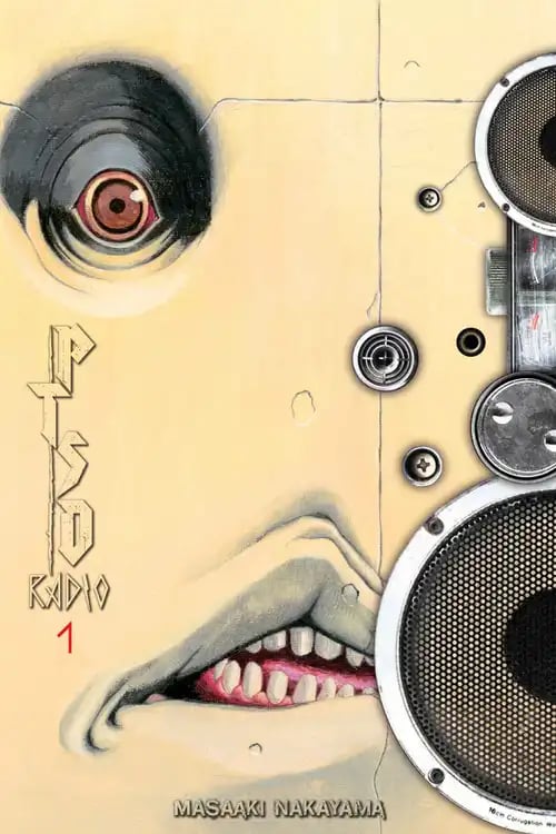 The cover of PTSD Radio volume 1, featuring the distorted image of a human face taken over by parts of a radio