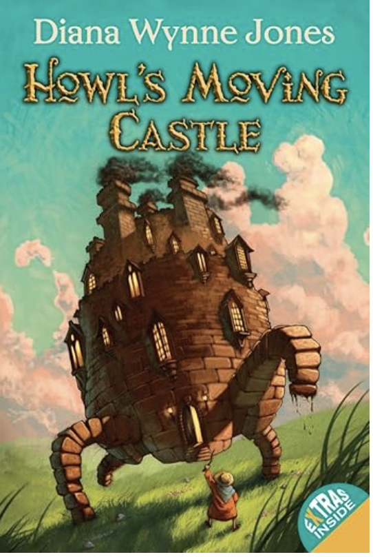 Image of Howl's Moving Castle paperback cover, a castle and an old woman flagging it down on the front