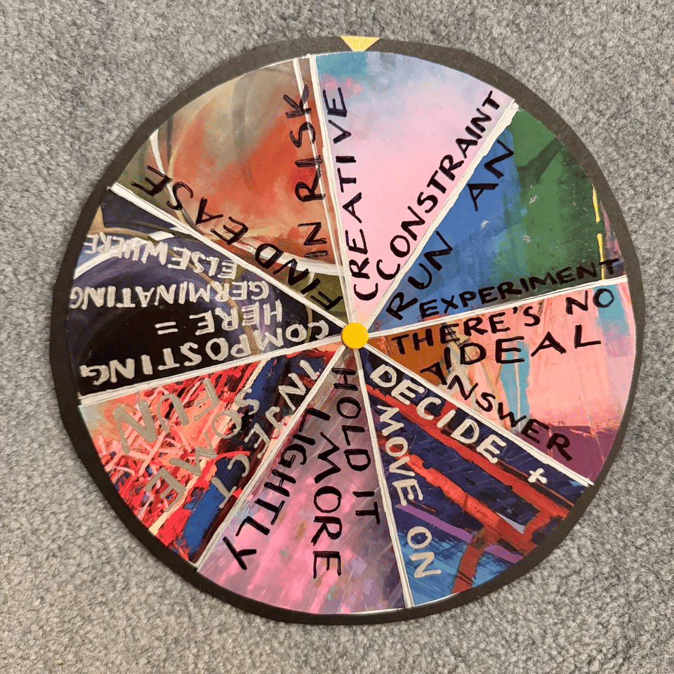 A circle divided into 8 wedge-shaped areas. Each wedge has a colorful background and a handwritten phrase on it, including "CREATIVE CONSTRAINT" and "RUN AN EXPERIMENT".