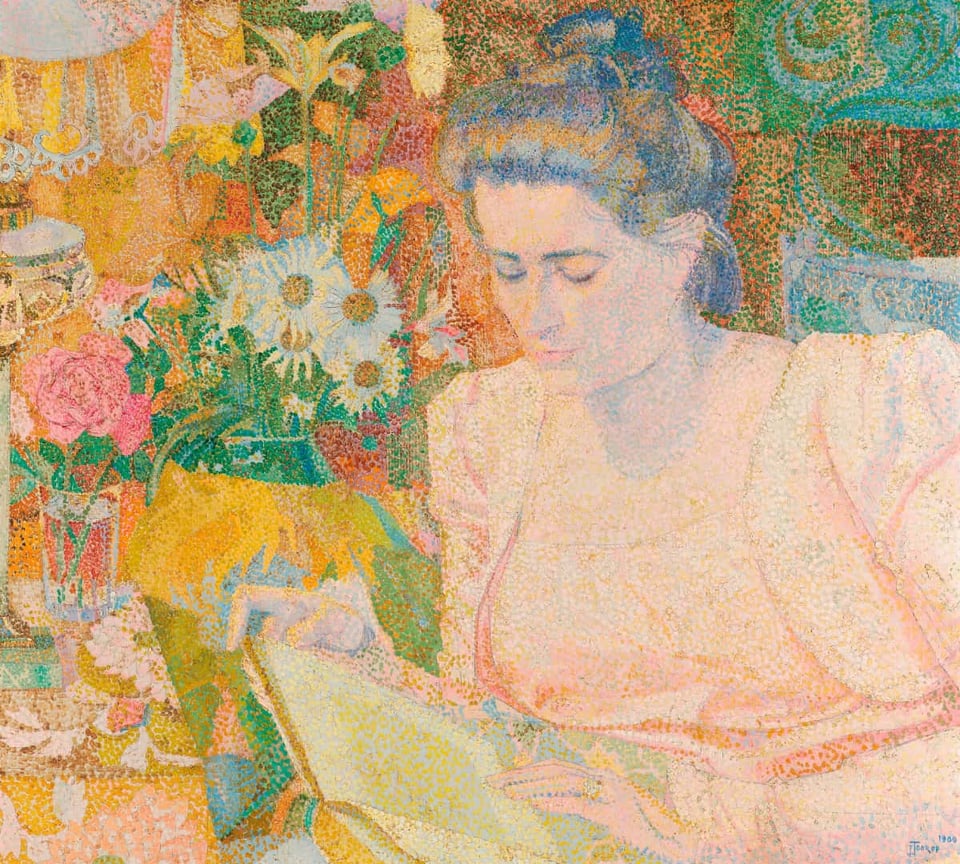 A pointilist and colorful painting of a woman reading a book. Behind her are flowers and vases and glassware.