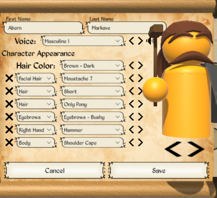 The original character editor in My Liege. The dropdowns and editable fields are cramped with tiny field headers.