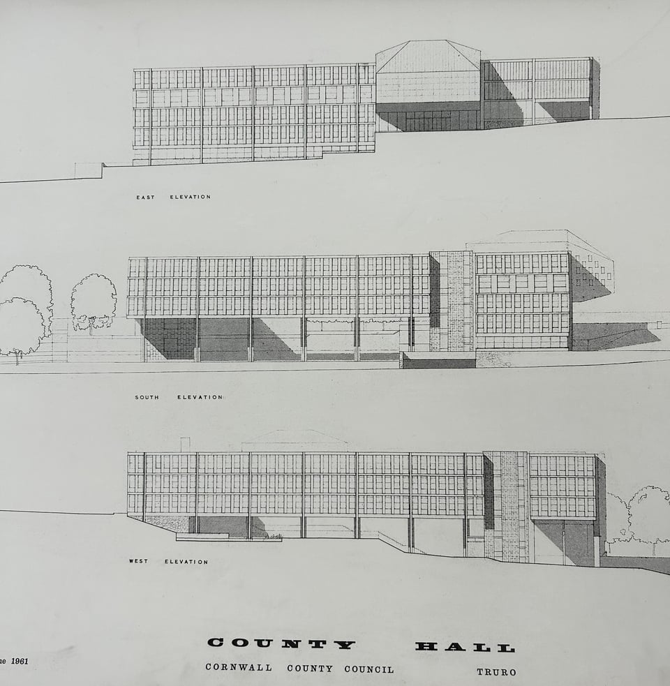 detailed architectural drawings of three sides of County Hall, drawn in 1961. the first shows the east elevation, where the lines of the offices are broken by a bulky blocky chamber. The middle shows the south elevation, where the way the ground drops away and pillars are used to hold up the building is clearly illustrated. The lowest shows the west elevation, which shows the extent of the slope the architects were working with. All the drawings are neat, and make use of shading to illustrate how the shadows will form.