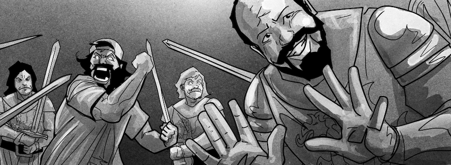 a guy in a baseball hat yelling at a bunch of knights circling him with swords; one other balding knight with a goatee smiling and waving at the camera - all art in black and white