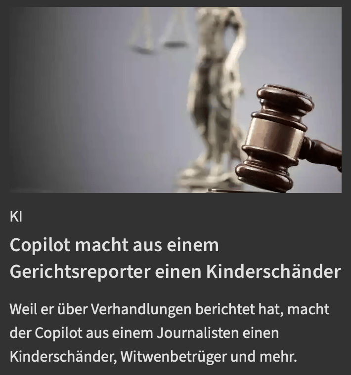 Teaser eines Artikels über Journalisten, der von einer KI als Kinderschänder gekennzeichnet wurde, weil er auf seinem Laptop Artikel über entsprechende Gerichtsverfahren schrieb.
