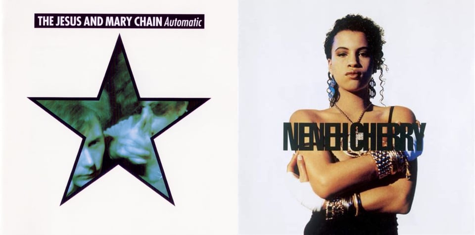 First pic: An offwhite background with a large star in the middle. Within the star is a blue-green toned photograph of the faces of Jesus and Mary Chain bandmembers Jim Reid and William Reid. They are both pale white men with shaggy dark hair; one wears sungIasses. I don't know which one's Noel and which one's Liam, I don't know know which one's Tegan and which one's Sara, and I don't know which one's Jim and which one's William. And I like it that way. Second pic: A color photograph of a young Black woman with her hair pulled back, her arms crossed, and wearing loads of bracelets and a very large medallion. She has a very.. angry? disappointed? smug? look on her face. It's very intense, regardless. The background is blank white.