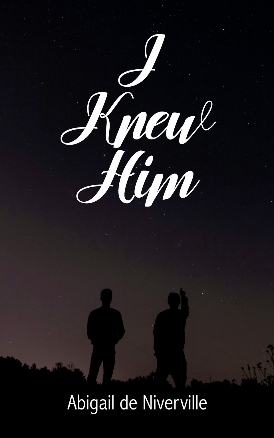 Book cover for I Knew Him by Abigail de Niverville. The cover image is a photo of two silhouettes looking at a purple night sky. One is pointing to the stars. The title is written in cursive and the author name is in sans serif.
