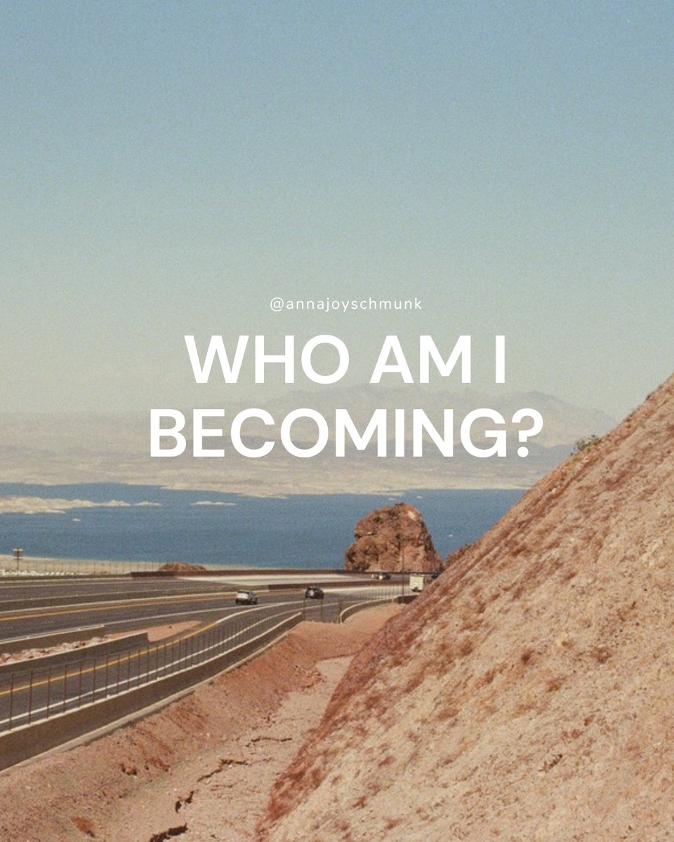 A photo of a desert with a lake in the distance. The words "Who am I becoming" are on top of the photo.