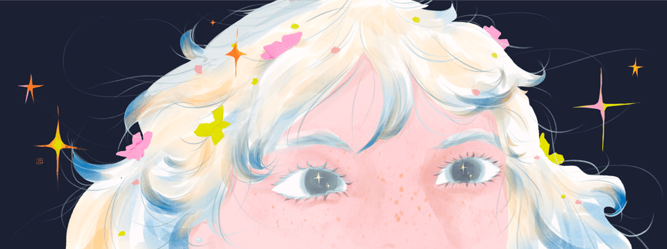 An illustration of a beautiful girl with light hair dyed blue on the ends