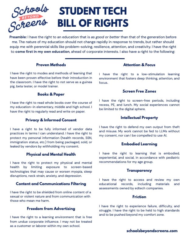 An image of Schools Beyond Screens' Student Tech Bill of Rights.