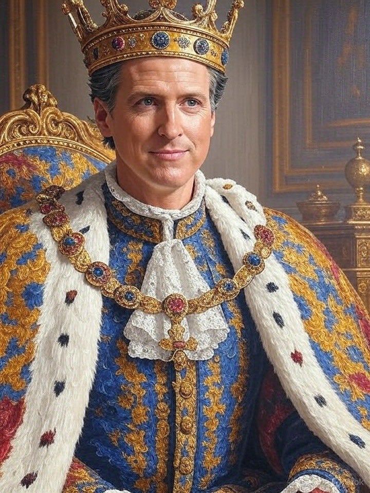 AI generated image of Newsom dripped out in the worst-looking king outfit ever rendered.