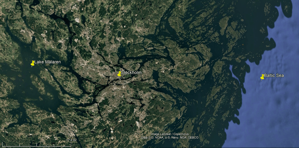 Color RGB aerial image of Stockholm and its surrounding area, with Lake Mälar (Mälaren) labeled to the west and the Baltic Sea labeled to the East.