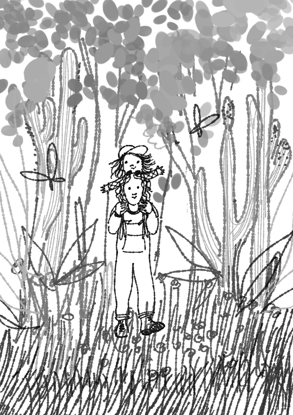 character sketch of Bean and Nanna in the garden from I Am Strong Just Being Me. 