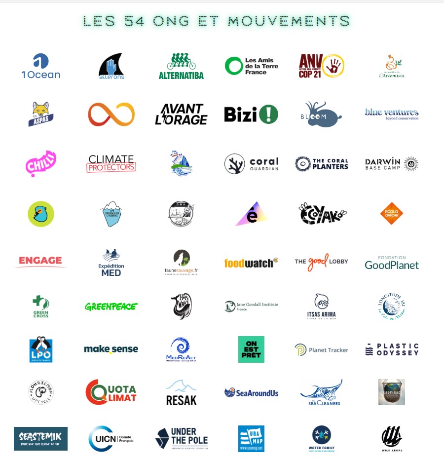 Les 54 logos des premières ONG de la coalition citoyenne pour les océans au 26 mars 2024.