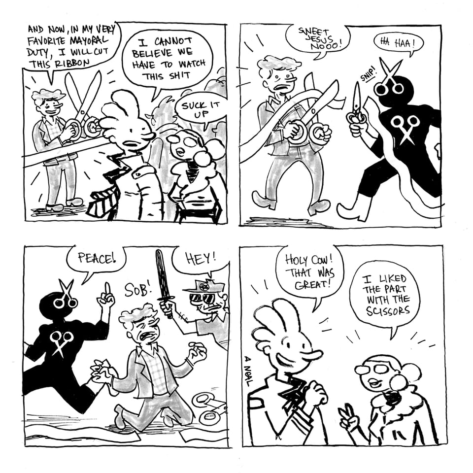 The first appearance of The Ribbon Cutter! Kevin and Val have to watch the mayor cut a ribbon as a part of their job, and just before the ribbon is cut, a masked man appears and cuts the ribbon first! He is wearing a black form-fitting suit with white gloves and boots, and white scissors emblems on his chest and mask (as goggles).