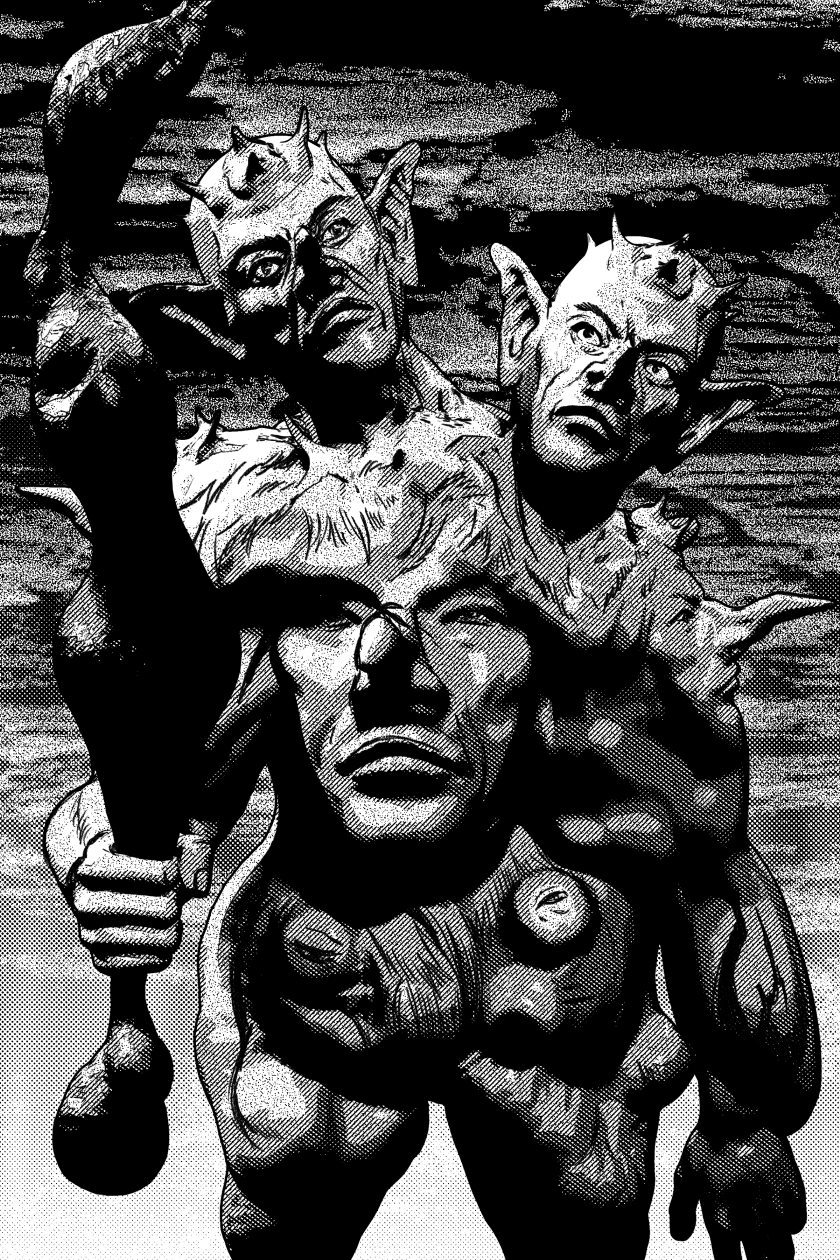 print of creature with many faces and a club