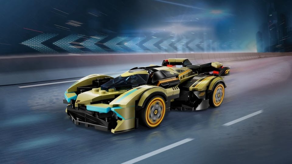 Lamborghini’s Vision Gran Turismo lego speeding along a road
