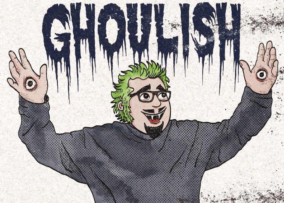 Cartoon illustration of Max Booth III with eyeballs growing out of his palms.