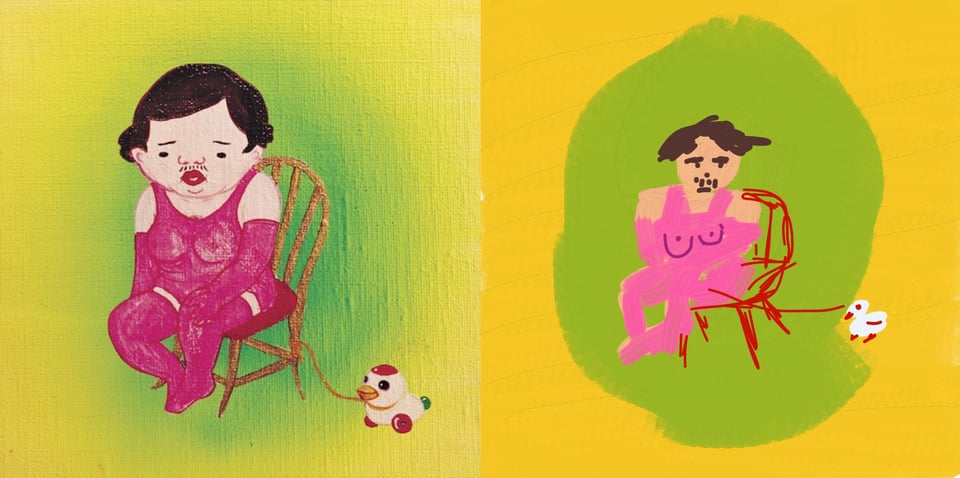 A painting of a person in a cartoonish style, sitting in a chair, a sad or forlorn look on their face. They are slightly rotund, short brown hair, and wear pink stockings on their legs, long pink gloves on their arms, and a pink, kind of lingerie-looking thing over their torso. They have large breasts, but also a very visible mustache over red lipsticked lips. There is a toy duckie on wheels tied to the chair.