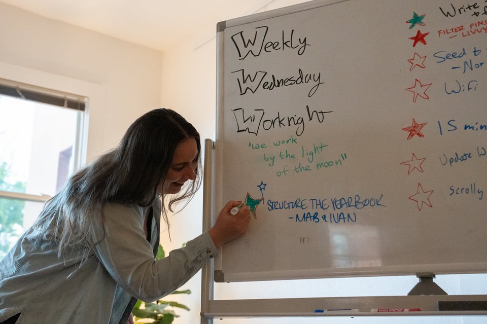 Mary Ann filling in a star on a whiteboard.