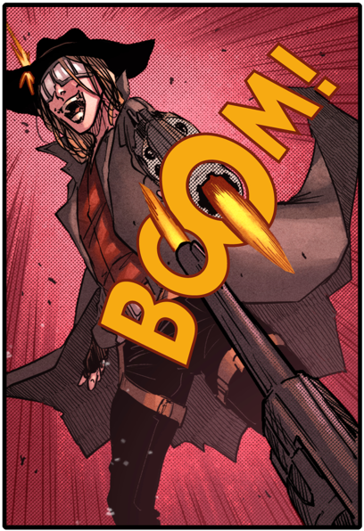 A comic book panel - a woman in a duster fires a gun down towards someone else off-panel, who is firing up at her. A large BOOM sound effect cuts across their gun barrels.