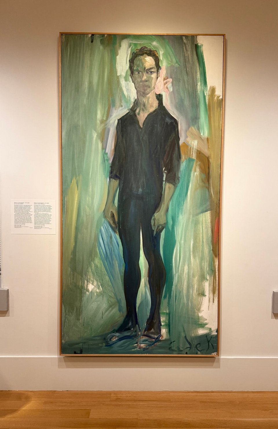 painting of Merce Cunningham, in full body, wearing black leotard and black polo shirt