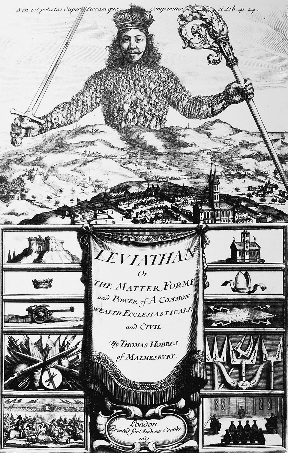 The cover of Thomas Hobbes' Leviathan. The top half is a drawing of a giant human male figure with a beard, whose body is composed of hundreds of small, regular-sized humans facing away from us. In the bottom half is the title of the book, drawn on a hanging cloth. The title is 'Leviathan, or, the matter, forme, and power of a commonwealth ecclesiasticall and civl, by thomas Hobbes of malmesbury