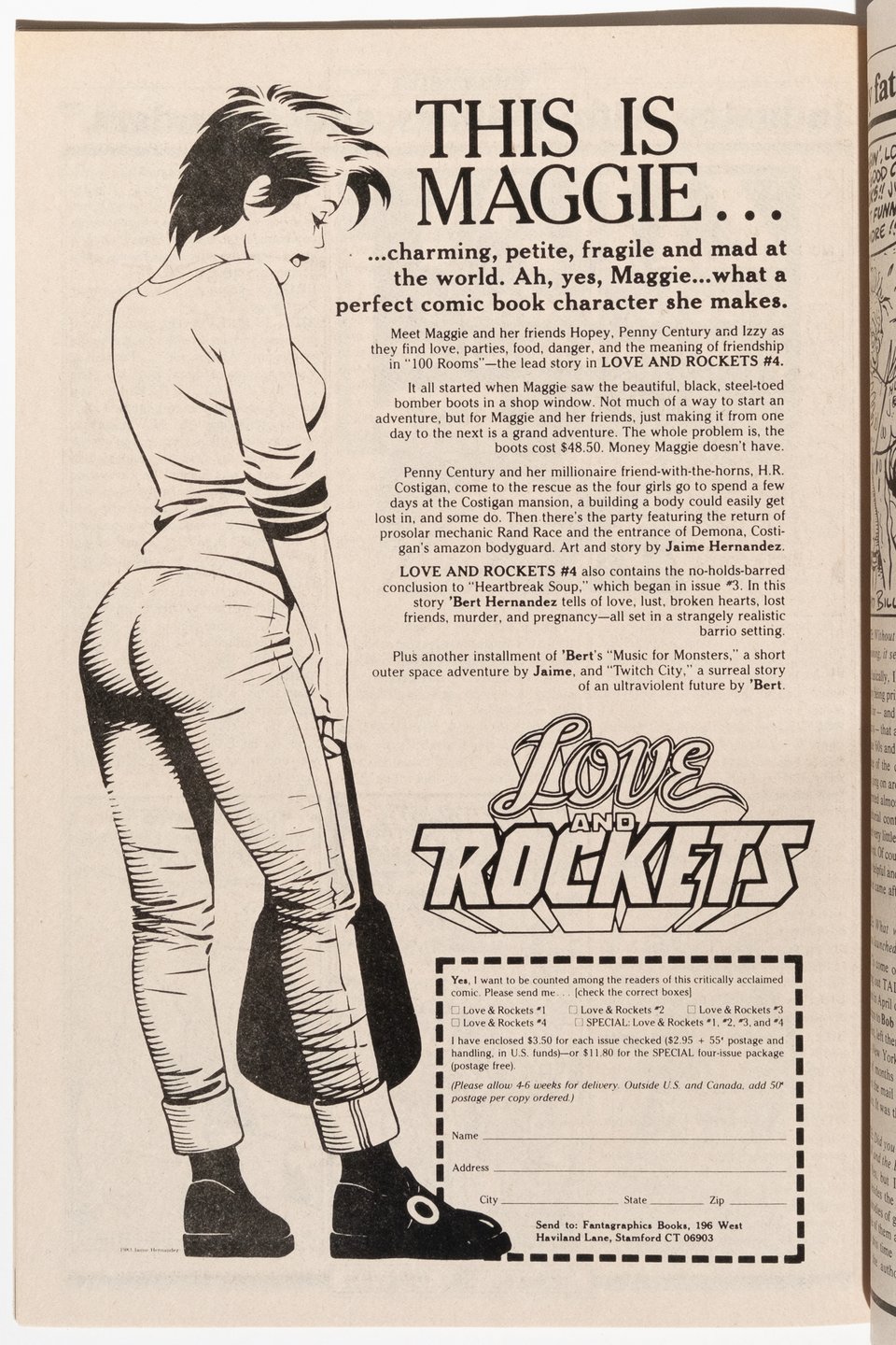 an ad for Love and Rockets. Maggie is drawn turned three quarters away from the reader.